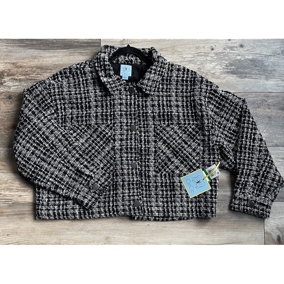 CeCe Tweed Cropped Jacket Size Large Herringbone Pockets MSRP 139.00 - Picture 3 of 9